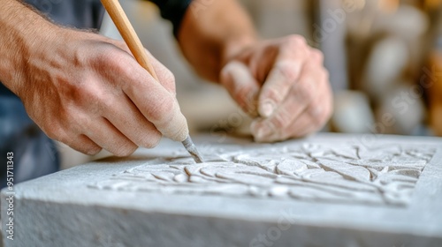 Stonemason Chiseling Decorative Pattern into Limestone