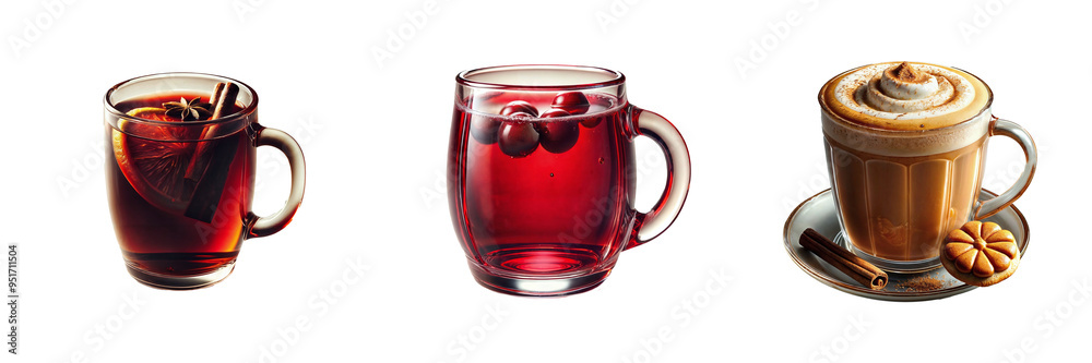 Isolated set of three autumn-themed drinks including mulled wine, cranberry tea, and pumpkin spice latte in glass mugs with cinnamon and star anise on transparent background. Isolated set of three autumn-themed drinks including mulled wine, cranberry tea, and pumpkin spice latte in glass mugs with cinnamon and star anise on transparent background.