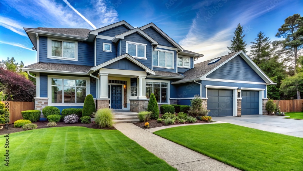 Modern blue house with lush green lawn and landscaping showcasing contemporary architecture and curb appeal Modern blue house with lush green lawn and landscaping showcasing contemporary architecture and curb appeal