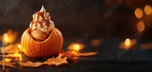 Delicious autumn dessert in a carved pumpkin with whipped cream and caramel drizzle, surrounded by fall leaves and warm lights. photo