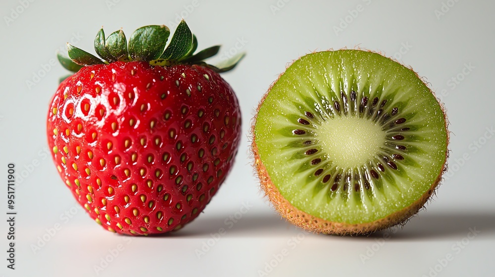 Fresh strawberry and sliced kiwi on a white background, perfect for food photography and healthy lifestyle themes. Fresh strawberry and sliced kiwi on a white background, perfect for food photography and healthy lifestyle themes.