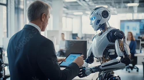 Business man working with AI artificial intelligence humanoid robot in office Futuristic technology collaborate future work integration science workforce computers automation. Human replaced by robots