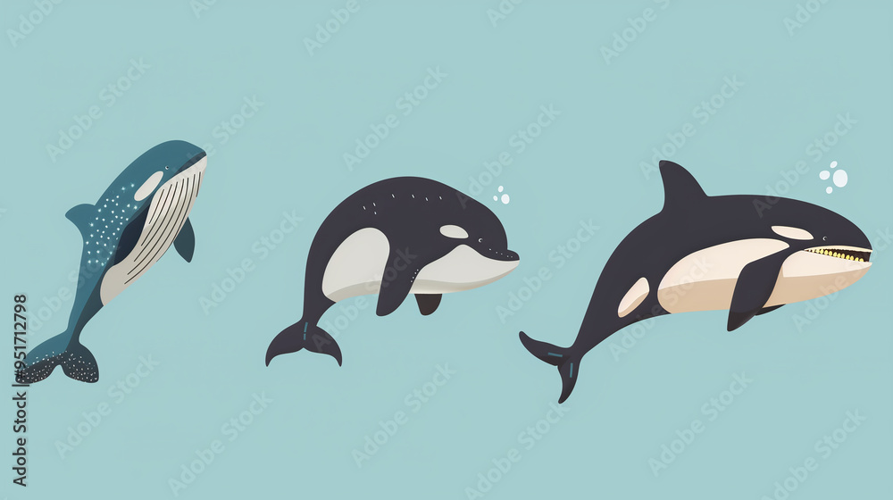 Fototapeta premium Marine Creatures – Dolphins, Whales on a Blue Background. Watercolor, Sketch, Design, Postcard.