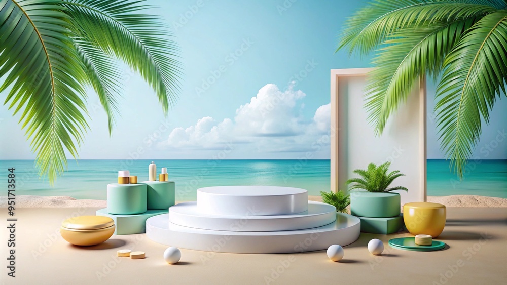 3d podium stand for product presentation with summer concept. Pedestal platform for cosmetic advertising. Minimal summer vacation.
3d podium stand for product presentation with summer concept. Pedestal platform for cosmetic advertising. Minimal summer vacation.