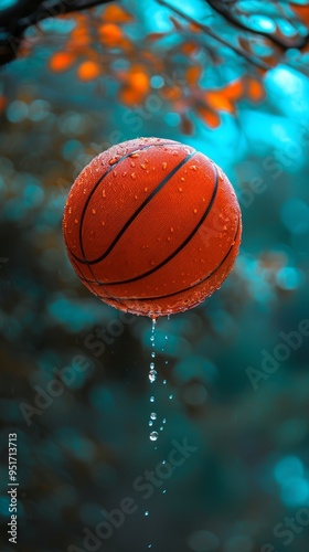 An orange basketball with water droplets hangs in the air against a blurred autumn foliage and turquoise background