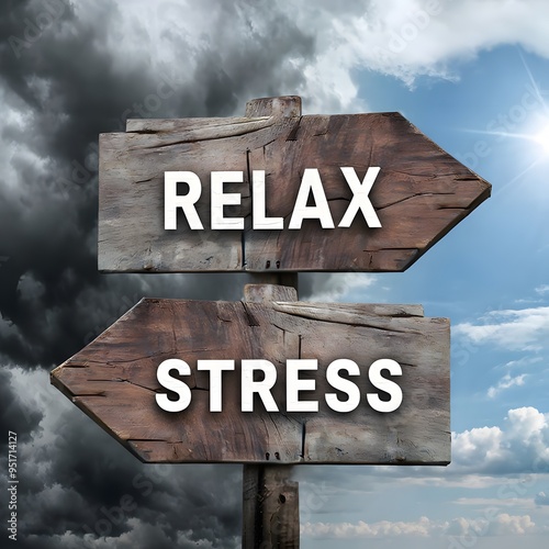 Arrows showing the importance of relax and harmness of stress photo