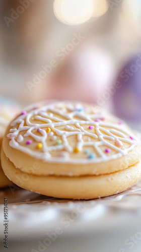 Iced Easter Cookie with White Decorations, Close-Up Festive Treat photo