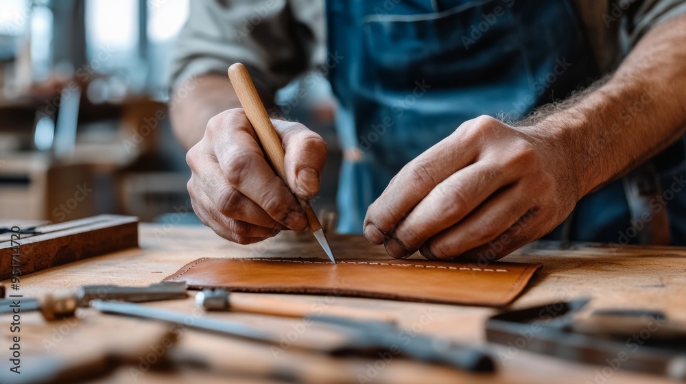 Hands Stitching Leather to Create Handmade Belt Hands Stitching Leather to Create Handmade Belt