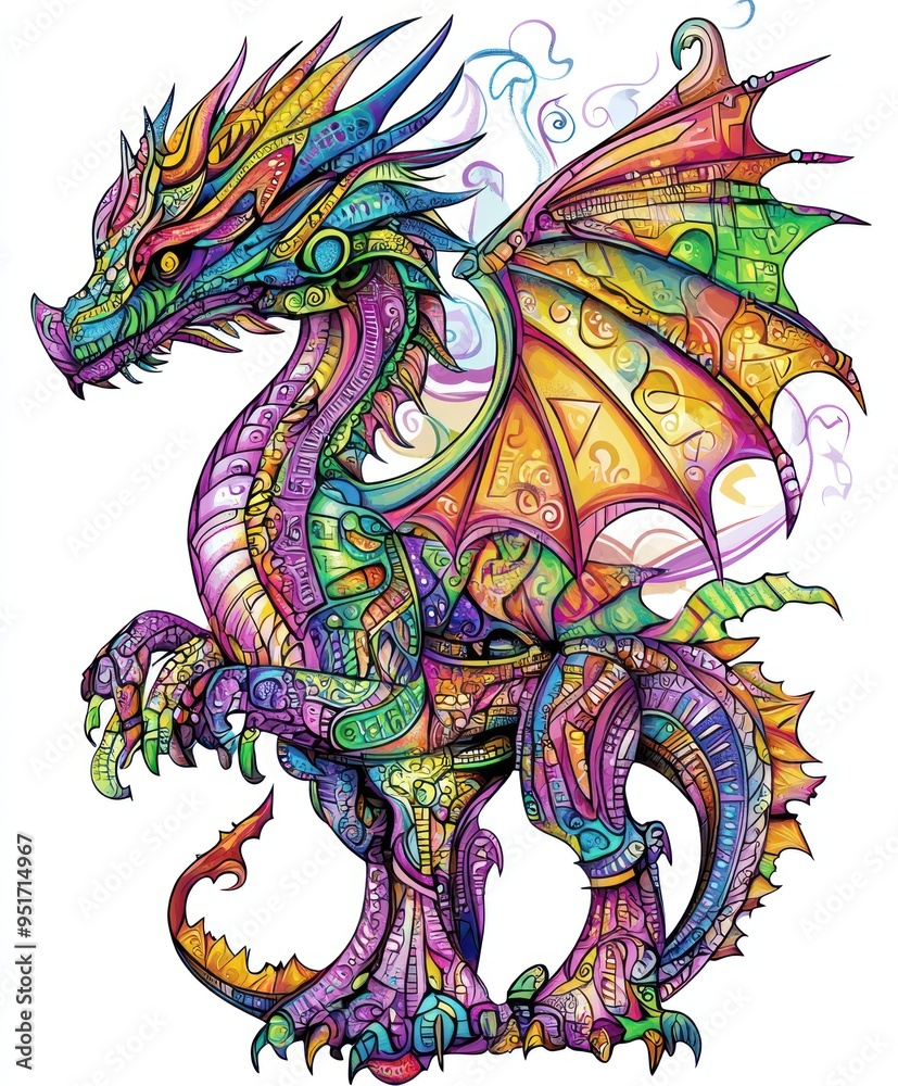 A colorful, intricately designed dragon with vibrant patterns and wings. A colorful, intricately designed dragon with vibrant patterns and wings.