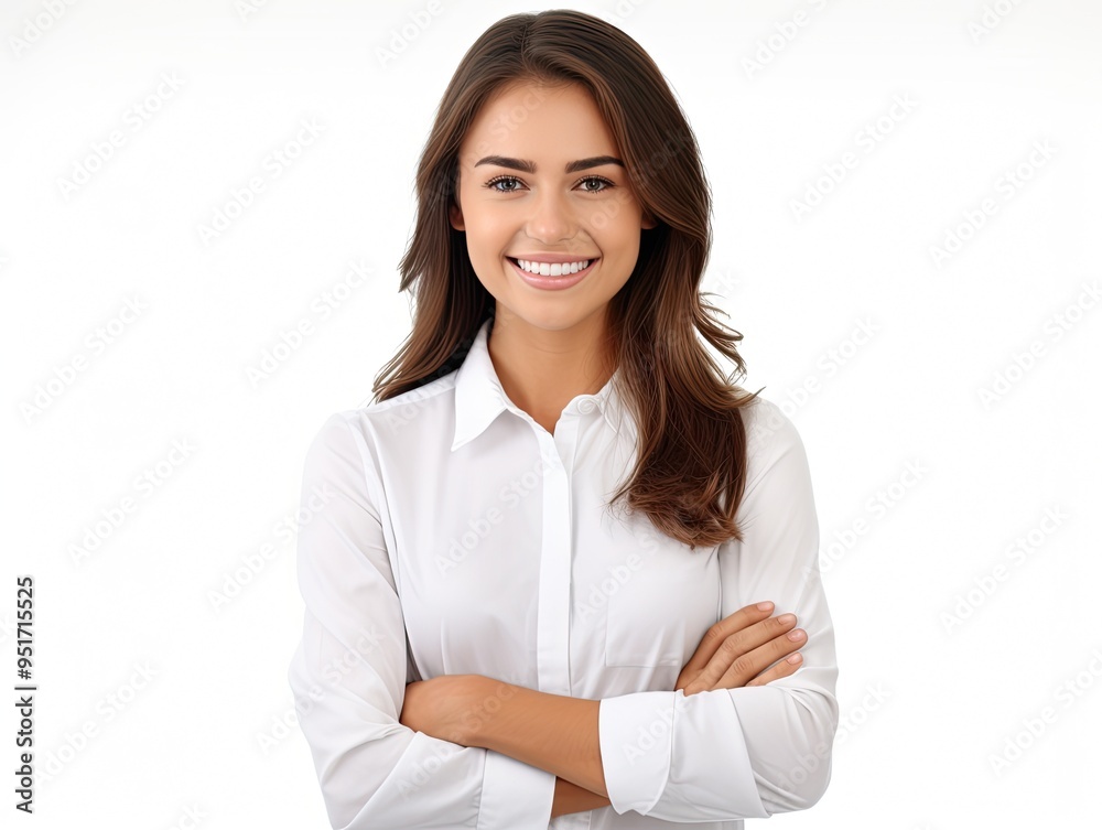 Brunette business woman smiling looking at camera isolated on white. Brunette business woman smiling looking at camera isolated on white.