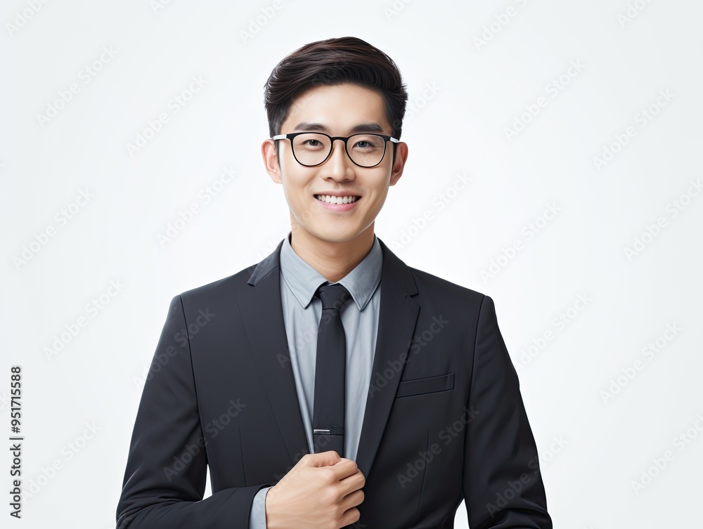 Asian man, company worker in glasses, smiling, standing over white background Asian man, company worker in glasses, smiling, standing over white background
