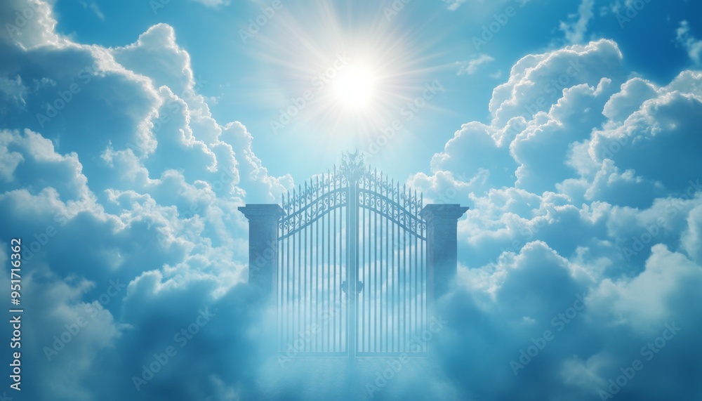 Fototapeta premium Ethereal Heavenly Gateway: Dreamy Celestial Realm with Sacred Clouds. Minimalist Spiritual Composition for Marketing, UI, and Graphic Design. Elegant Abstract Background with Faith and Freedom Concept