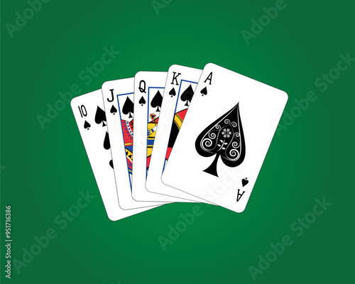 Five cards of Royal flush or Royal straight flush of spades playing card on green or Poker table design and drawing in colorful vector