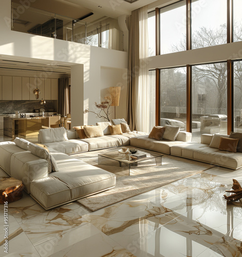 White living room interior with sofa and coffee table, side view arch panoramic window photo