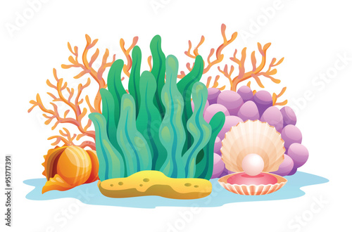 Coral, seaweed, and an open seashell with pearl, underwater life composition. Vector cartoon illustration