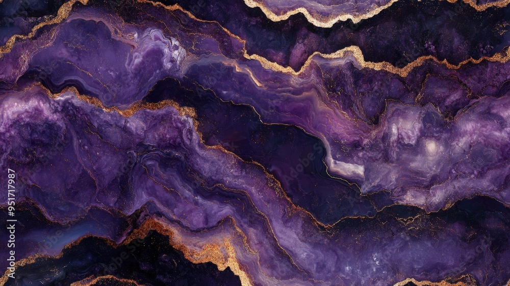 Obraz premium Abstract purple and gold marble texture with fluid art style creates an elegant and luxurious background for design projects.