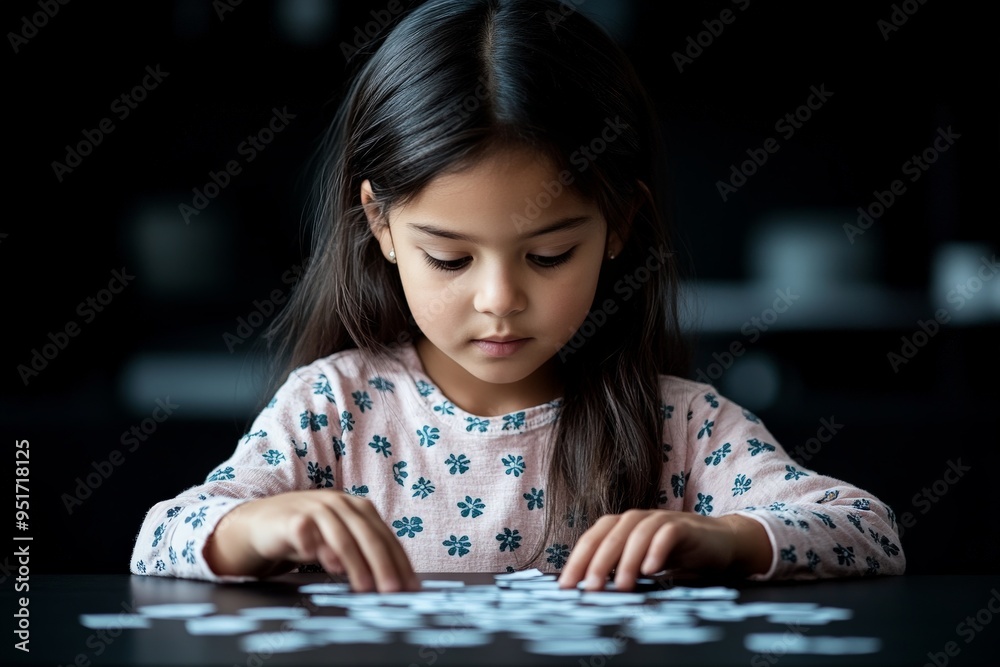 A girl with a focused expression arranges puzzle pieces on a dark table, emphasizing concentration and problem-solving in a quiet, introspective moment. A girl with a focused expression arranges puzzle pieces on a dark table, emphasizing concentration and problem-solving in a quiet, introspective moment.