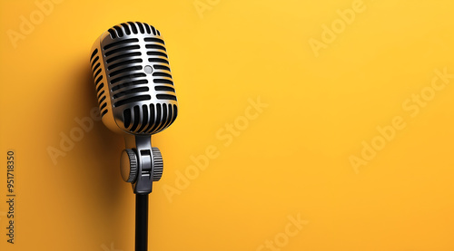 Microphone professionnel sur fond coloré jaune-orange, illustration radiophonique et musicale moderne photo