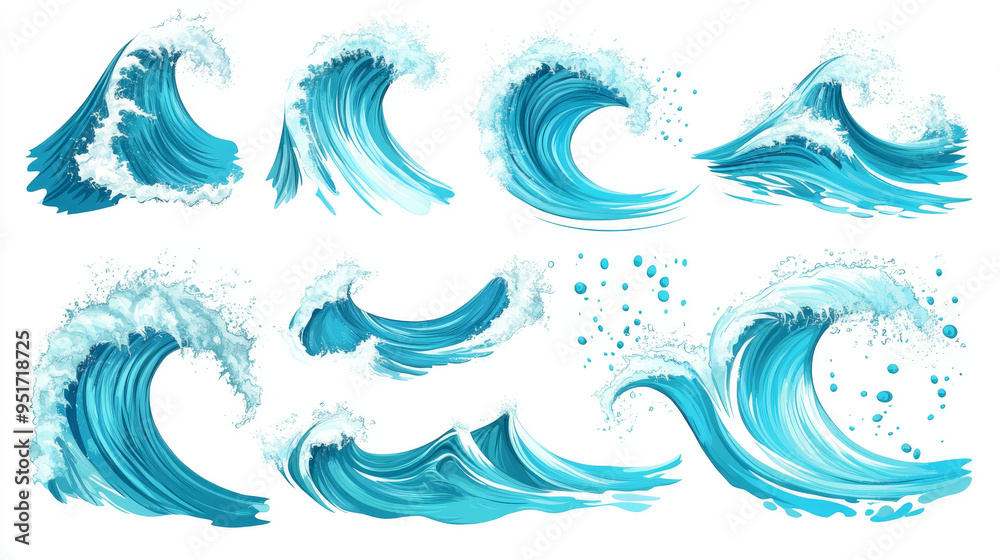Set of ocean or sea waves, surf, and splashes curling and breaking in a vibrant turquoise blue. Vector illustration for marine and nautical-themed concepts, against a white background.
