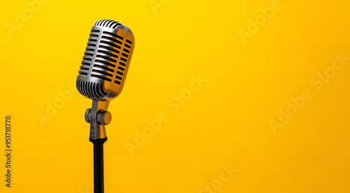 Microphone professionnel sur fond coloré jaune-orange, illustration radiophonique et musicale moderne