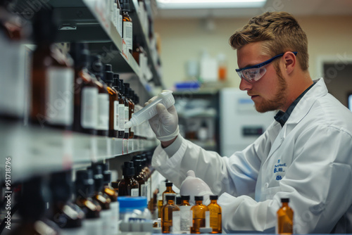 scientists in lab coats performing inhalation testing procedures  laboratory setting, focusing  actions  actuating  inhaler  testing apparatus  analyzing aerosol proper photo