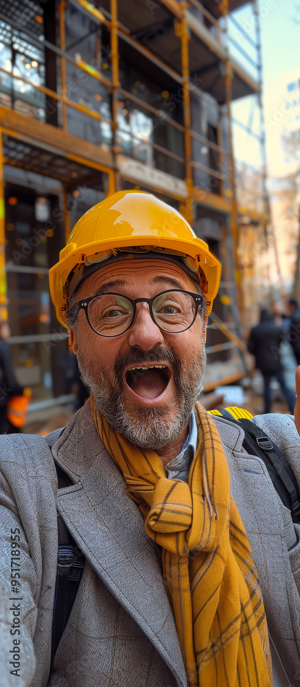 Construction worker celebrates on site wearing a hard hat and scarf. A construction worker smiles widely while taking a selfie on a bustling construction site during the day. Construction worker celebrates on site wearing a hard hat and scarf. A construction worker smiles widely while taking a selfie on a bustling construction site during the day.