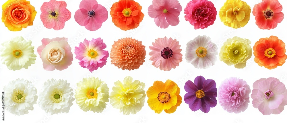 Fototapeta premium A collection of various flowers, including roses, dahlias, and anemones, in pink, orange, yellow, and white, isolated on a white background.