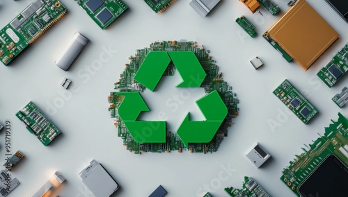 A Flat Lay of Broken Cell Phones and Electronic Waste with a Green Recycling Symbol