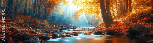 A serene autumn forest with a sunlit stream gently flowing through, surrounded by vibrant orange and yellow foliage.
