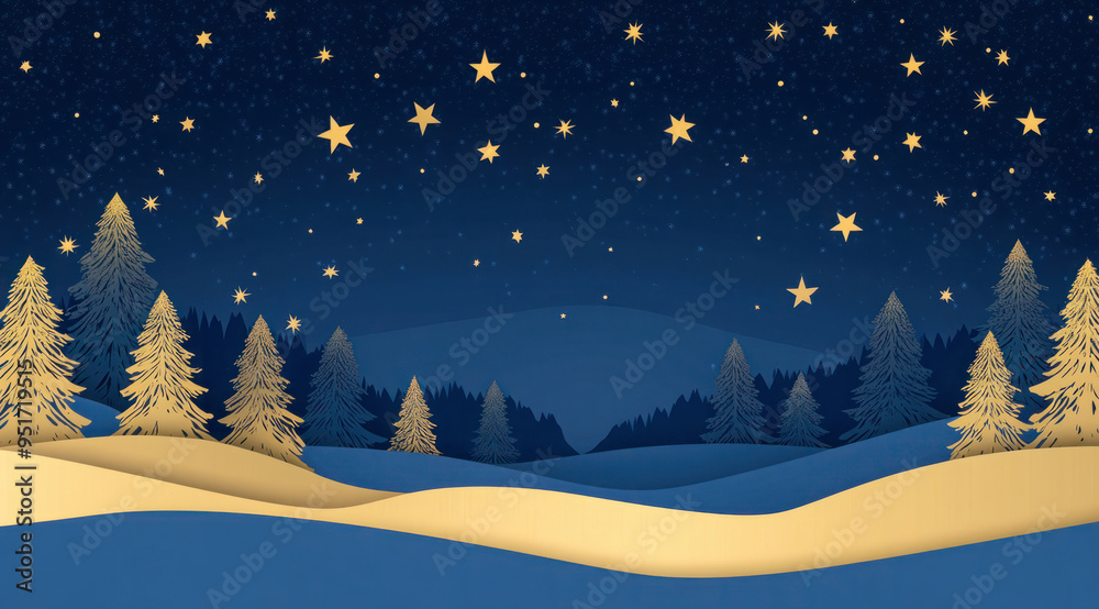 Night winter landscape with glowing stars, golden trees, and rolling hills under a starry sky, creating a serene festive scene Night winter landscape with glowing stars, golden trees, and rolling hills under a starry sky, creating a serene festive scene