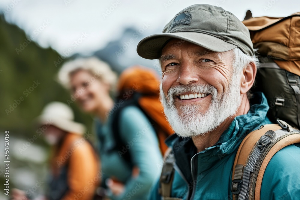 A happy older man enjoys hiking in a picturesque mountainous area with friends, embodying the spirit of adventure and camaraderie in a beautiful natural landscape. A happy older man enjoys hiking in a picturesque mountainous area with friends, embodying the spirit of adventure and camaraderie in a beautiful natural landscape.