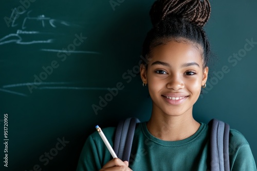 A young girl with braided hair is smiling and holding a pencil in a classroom, embodying youth, education, and a positive learning environment. photo