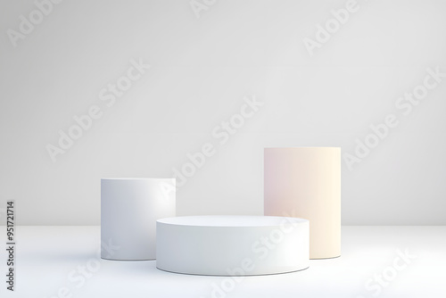 Empty podium or pedestal display on white background with cylinder stand concept. Blank product shelf standing backdrop. 3D rendering.