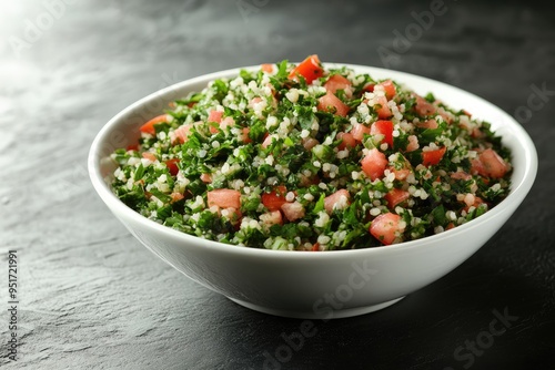 A tabbouli salad in a white bowl on a black background