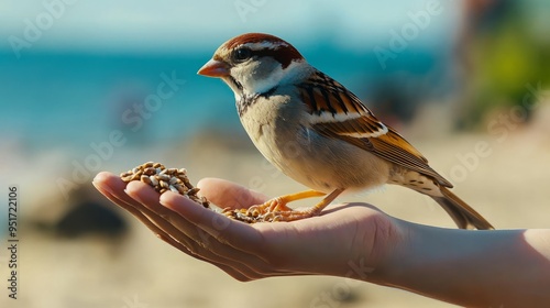 A Sparrow Pecking at Birdseed from a Person's Hand on a Tranquil Beach: A Symbol of Trust and Connection Between Species photo