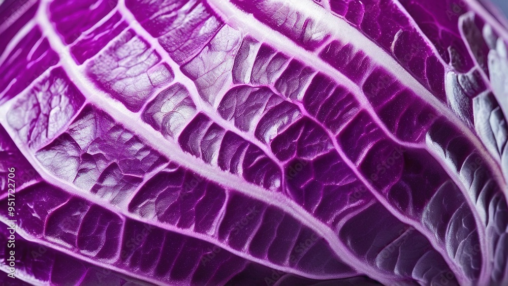 Obraz premium Close-up of a vibrant purple cabbage leaf with white veins, creating a textured and abstract background.