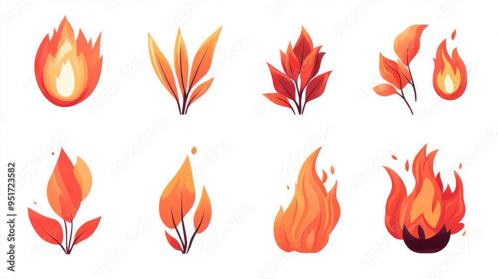 Set of red fire flat icons and pictograms, isolated on a white background, ideal for danger concepts or logo design. Set of red fire flat icons and pictograms, isolated on a white background, ideal for danger concepts or logo design.