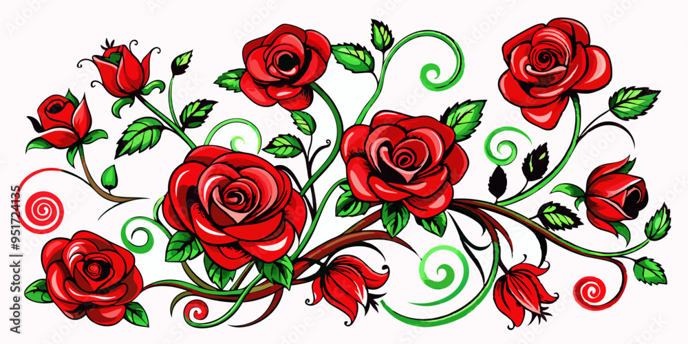 Elegant Red Floral Design with Detailed Roses and Swirling Vines on a White Background: Minimalist and Sharp Style Featuring Intricate Line Work and Balanced Composition Elegant Red Floral Design with Detailed Roses and Swirling Vines on a White Background: Minimalist and Sharp Style Featuring Intricate Line Work and Balanced Composition