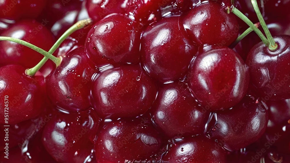 Close-up of ripe, red cherries with stems and water droplets. Close-up of ripe, red cherries with stems and water droplets.