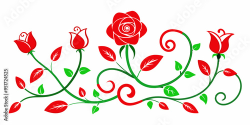 Wallpaper Mural Elegant Red Floral Design with Detailed Roses and Swirling Vines on a White Background: Minimalist and Sharp Style Featuring Intricate Line Work and Balanced Composition Torontodigital.ca