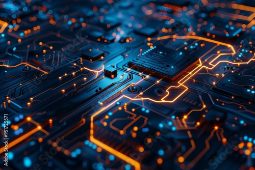 Advanced microchip technology, dark blue background, digital circuits, glowing nodes, cyberpunk, detailed, 3D illustration 