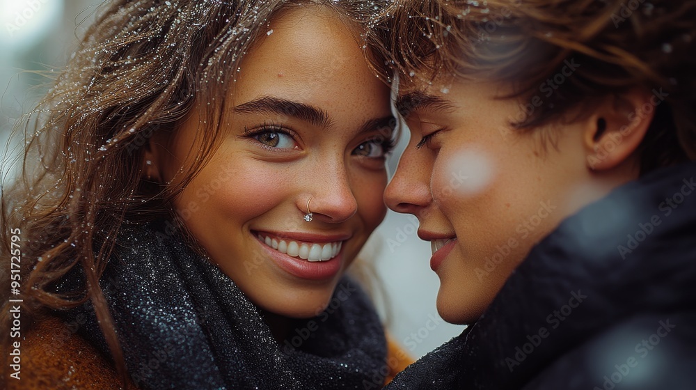 Close-up of two lesbian models wearing matching small diamond rings on their ring fingers, smiling at each other in a romantic Close-up of two lesbian models wearing matching small diamond rings on their ring fingers, smiling at each other in a romantic