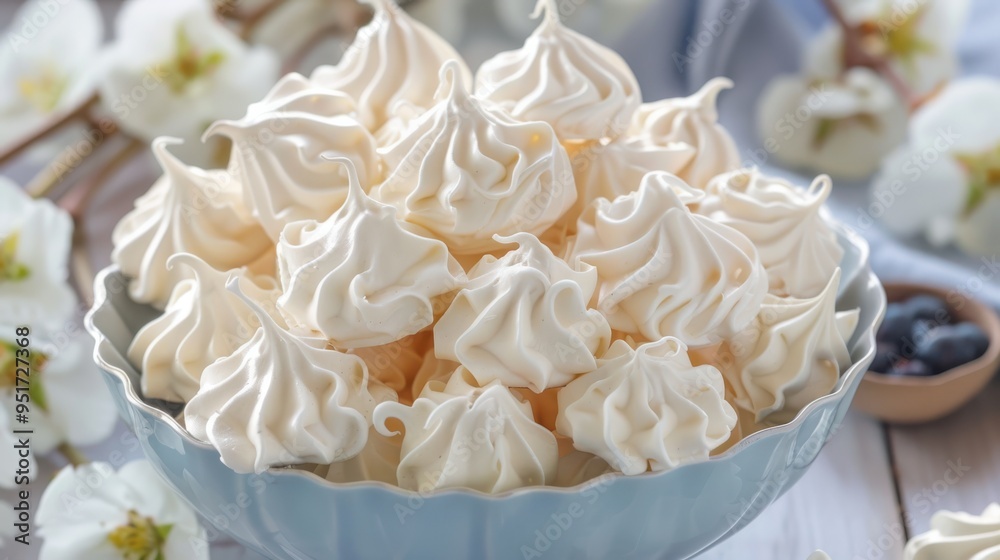 A bowl filled with delightful meringue cookies. A bowl filled with delightful meringue cookies.