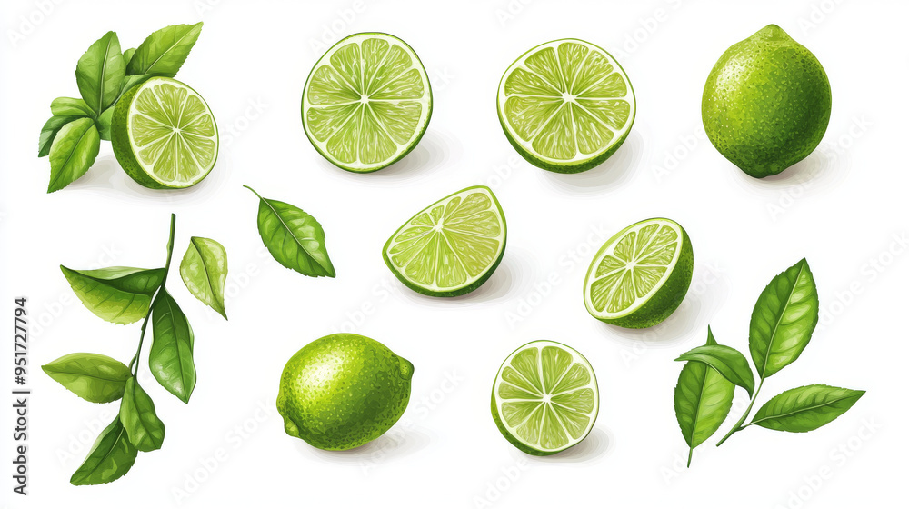 A set of limes, isolated against a white background. A set of limes, isolated against a white background.