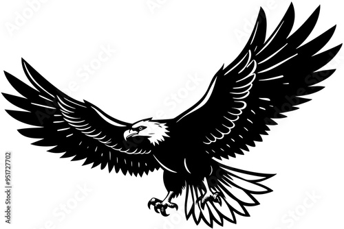 A Bald Eagle black Silhouette Vector, Flying Bald Eagle black and white Silhouette vector isolated on a white background