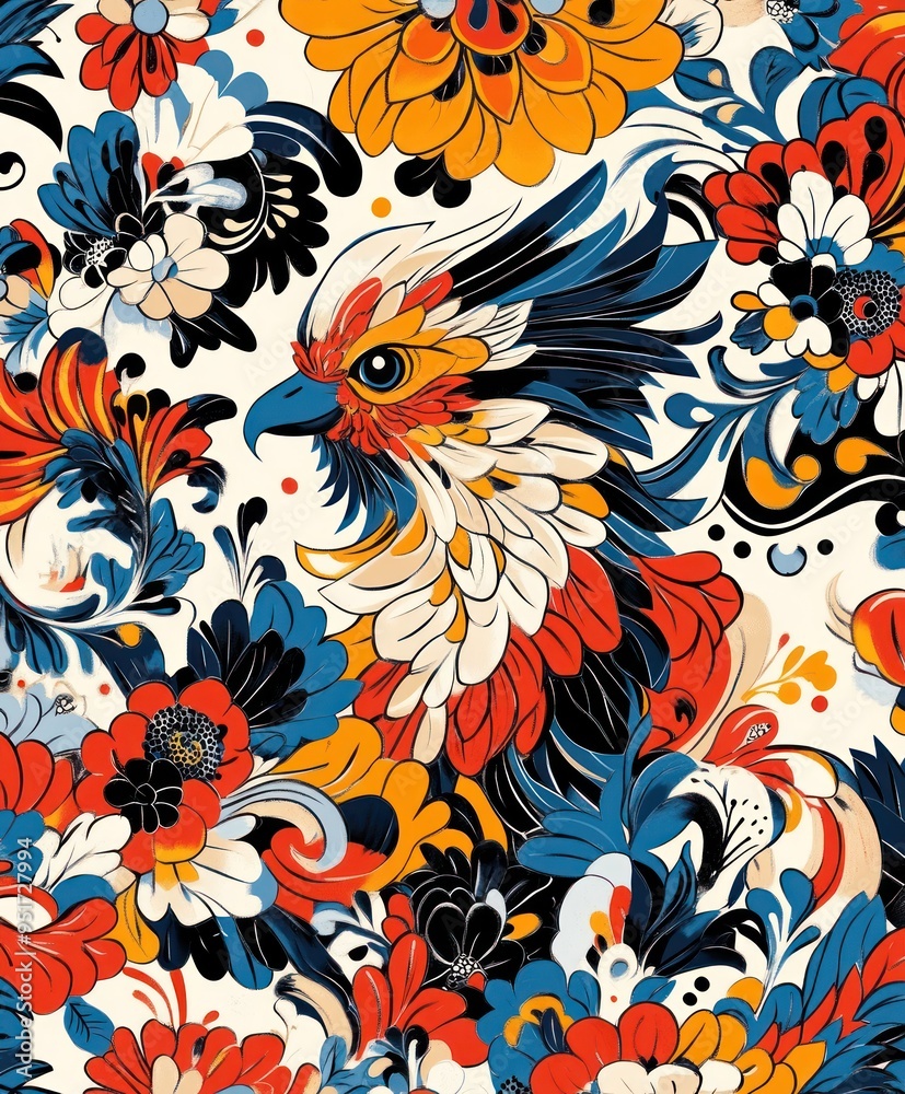 Obraz premium A vibrant illustration featuring a stylized bird among colorful floral patterns.