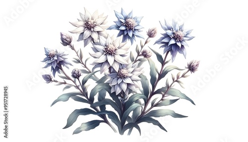 Edelweiss, watercolor clipart illustration with isolated background.