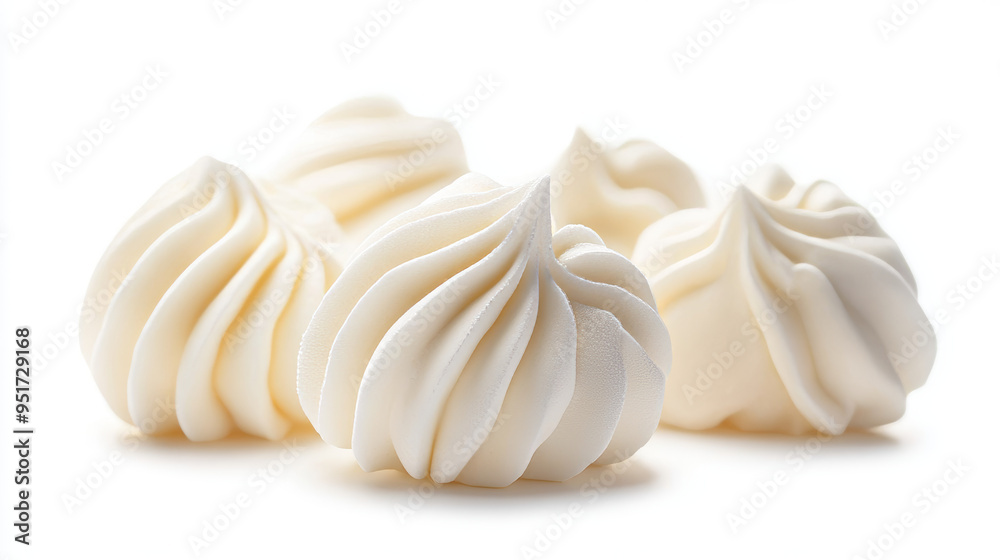 A set of delicious white zephyr marshmallows, isolated against a white background. A set of delicious white zephyr marshmallows, isolated against a white background.
