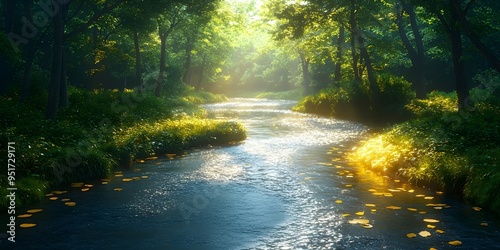 Sunlight filters through the trees, illuminating a serene river winding through a lush green forest.