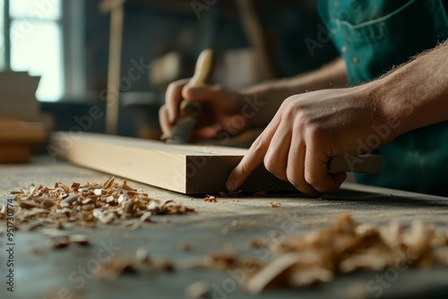 A Person Using a Plane to Shape Wood with Shaggy Wood Chips on the Workbench